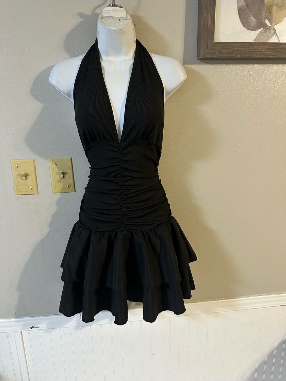 Halter Ruched Tiered Mini Dress - Black